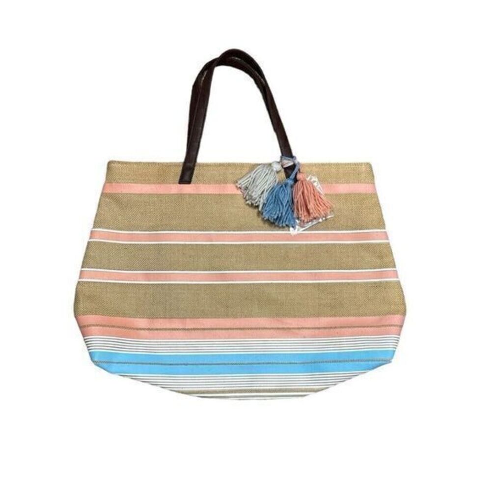 Striped Canvas Tote Bag with Tassels - Multi Color